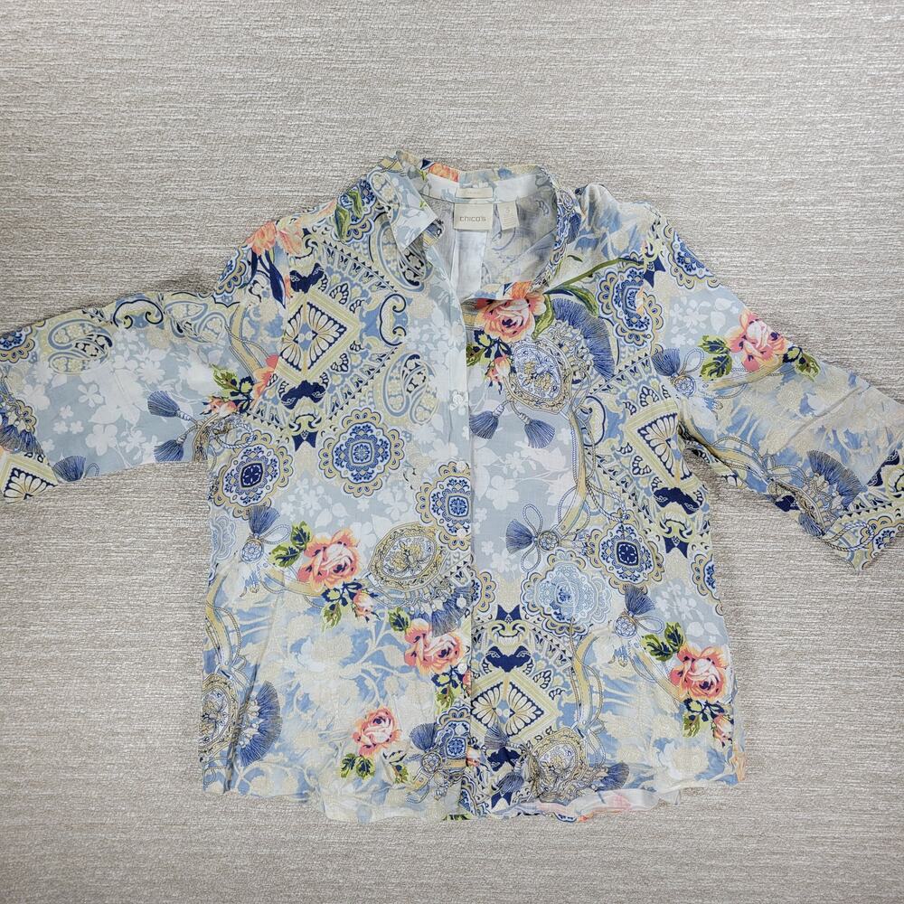 Chicos No-Iron Linen Tunic Top‎ Womens 3 Large Floral Paisley Loop-Back Buttons